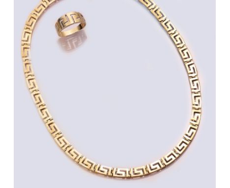 14 kt Gold Schmuckset,   GG 585/000, Collier und Ring, Mäandermuster, total ca. 38.5 g, L. ca. 44 - 50 cm, RW 6514 kt gold je