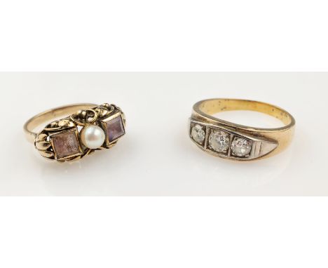 Konvolut 2 Ringe,   1 x GG 585/000 gepr., 3 Diamanten zus. ca. 0.85 ct Weiß/si, in WG gefaßt, total ca. 6.9 g, RW 63, dazu Ri