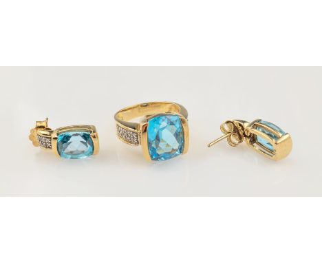 9 kt Gold Schmuckset: Ring und Paar Ohrsteckermit Topasen und Brillanten,   GG 375/000, 3 facett. Topas (beh.) im Kissenschli