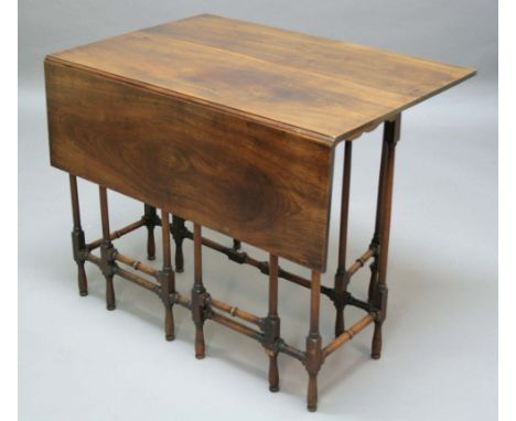 GEORGE III MAHOGANY 'SPIDERS LEG' SUTHERLAND TABLE, the rectangular top with a pair of drop leaves raised on slender block an