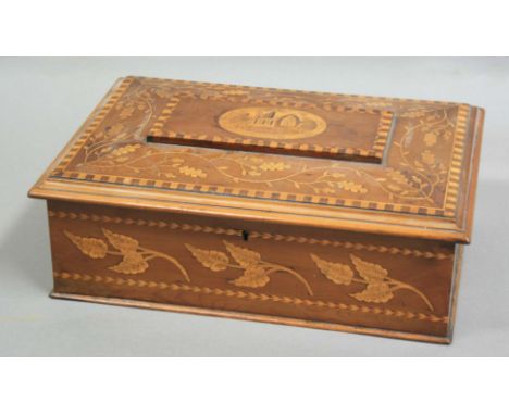 VICTORIAN YEW AND MARQUETRY BOX, of shallow sarcophagus form, inlaid with a ruined church, scrolling oak leaves and acorns an