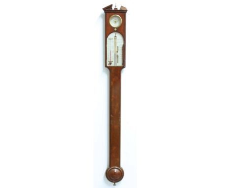 GEORGE III MAHOGANY STICK BAROMETER, by Aiano & Co., the arched silvered gauge beneath a hydrometer, the body with string inl