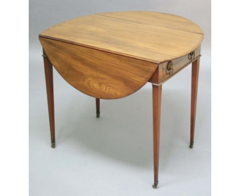 GEORGE III MAHOGANY PEMBROKE TABLE with oval top and boxwood line inlay and single drawer, height 72cm, width open 100cm.