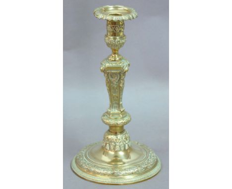 FRENCH BRASS CANDLESTICK, Louis XVI style, with figural and stylised floral decoration, 27cm