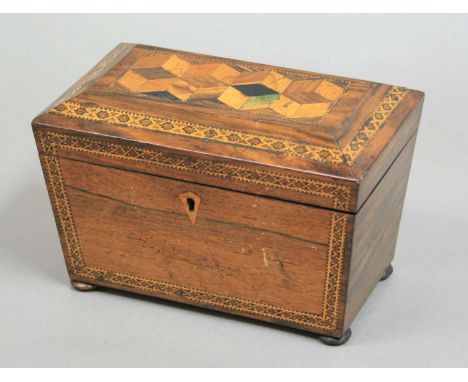 VICTORIAN TUNBRIDGEWARE TEA CADDY, of sarcophagus form, with 'cube' specimen inlay to the cover and bands of inlay to the fro