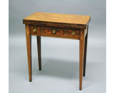 DUTCH MARQUETRY FOLD OUT CARD TABLE, 19th century, walnut, with floral inlaid top above three drawers, width 67cm