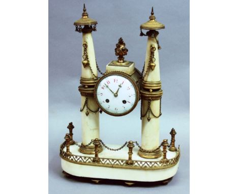 FRENCH MARBLE AND GILT METAL MOUNTED MANTEL CLOCK, early/mid 19th century, the 3 1/2" enamelled dial with red arabic hour and