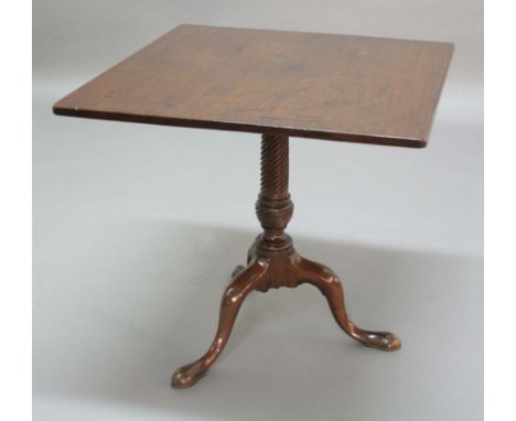 GEORGE III MAHOGANY TRIPOD TABLE, circa 1800, the square top on a wrythen carved column and tripod base, height 71cm, width 7