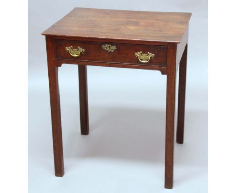 GEORGE III MAHOGANY SIDE TABLE, the single freize drawer with brass swing handles, height 73cm, width 61cm, depth 50cm