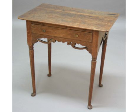 OAK LOW BOY OR SIDE TABLE, early/mid 18th century, the rectangular top with shaped corners above a single drawer with brass p