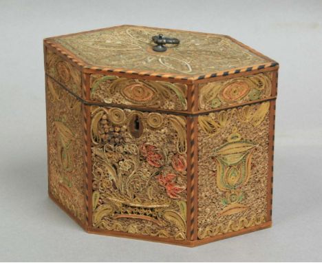GEORGE III ROLLED PAPER WORK TEA CADDY, of elongated hexagonal form with flower and urn decoration to the front and bird deco