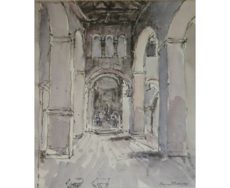 BERNARD SICKERT (1863-1932) CHURCH INTERIOR Signed, watercolour with pen and ink 31.5 x 27cm.; with four further assorted pic