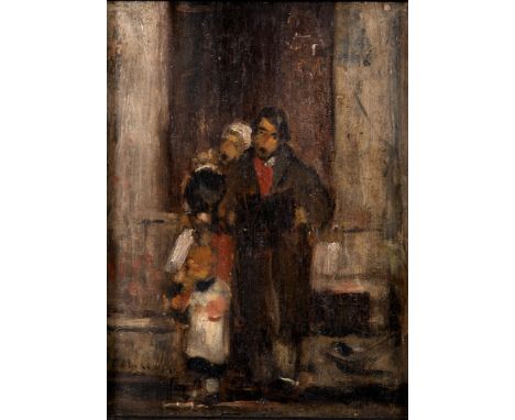 TADEUSZ MAKOWSKI (1882-1932) STREET MUSICIANS Signed, a small sketch of the subject verso, oil on board 28.5 x 21cm. Provenan