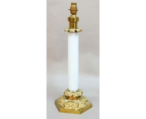 BRASS AND OPALINE GLASS TABLE LAMP, of cylindrical form with scrolling foliate mounts, height excluding fitting 44cm