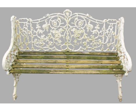 COALBROOKDALE STYLE CAST METAL BENCH AND PAIR OF CHAIRS, with scrolling foliate backs and supports, splat seats, (3)