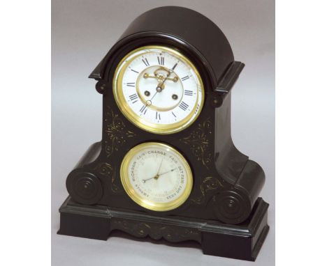 BLACK MARBLE MANTEL CLOCK, late 19th century, with 5 1/2" enamelled dial with exposed escapement and brass eight day movement