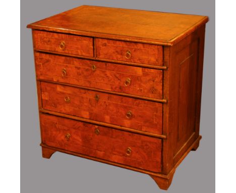 GEORGE II WALNUT CHEST, the cross and feather banded top above two short and three graduated long drawers with brass hoop han