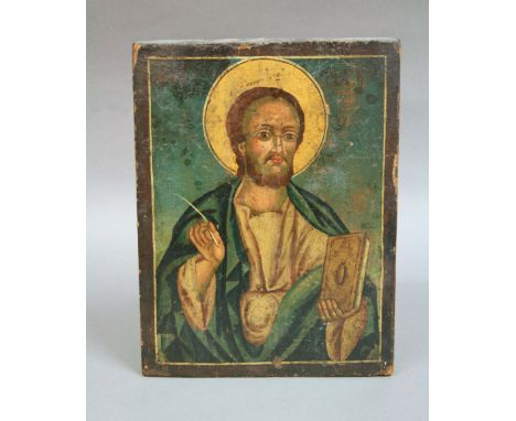 RUSSIAN ICON,  Christ holding a book and feather or quill, oil on panel, 28 x 21cm