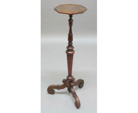 DUTCH MARQUETRY JARDINIERE OR CANDLE STAND, probably 18th century and later, the octagonal, galleried top on a multi-knopped 