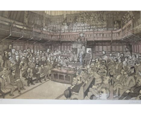 •CHRIS ORR, MBE, RA (b.1943) THE HOUSE OF COMMONS, JULY 24th, 1986 Aquatint with etching, with hand colouring, signed and dat