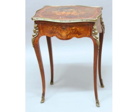 FRENCH KINGWOOD, INLAID AND BRASS MOUNTED BEDSIDE TABLE, of serpentine form, the top with scrolling foliate inlay above a sin