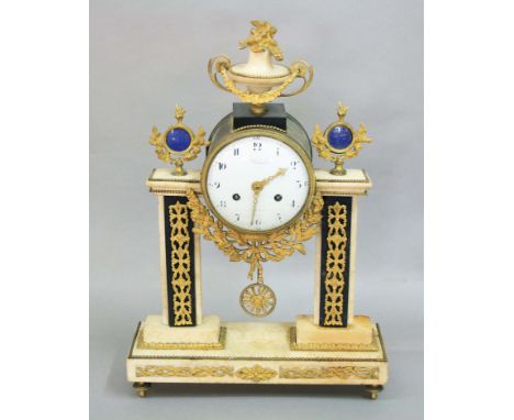 FRENCH MARBLE AND GILT METAL MOUNTED PORTICO CLOCK, 19th century, the 5" enamelled dial with arabic numerals, inscribed Dubuc