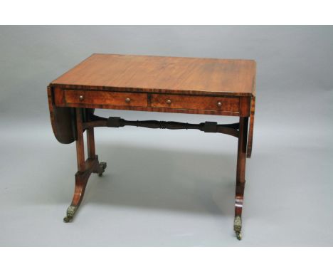 GEORGIAN MAHOGANY SOFA TABLE, early 19th century, with D ends, single frieze drawer and faux drawer verso, twin supports with