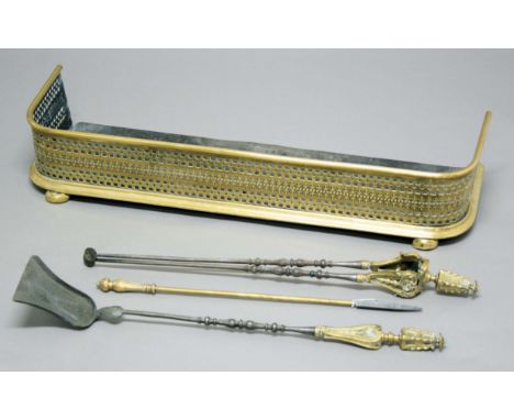 PAIR OF STEEL AND BRASS FIRE IRONS, late 19th century, with harebell decoration and pagoda finial, including shovel and tongs