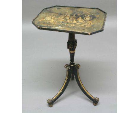 REGENCY CHINOISERIE OCCASIONAL TABLE, early 19th century, black lacquered with gilt highlights, the octagonal top painted wit