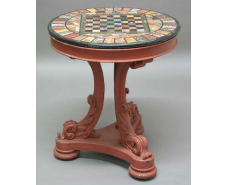 REGENCY CIRCULAR CENTRE TABLE, early 19th century, specimen marble top with central chequers board on a red painted rosewood 