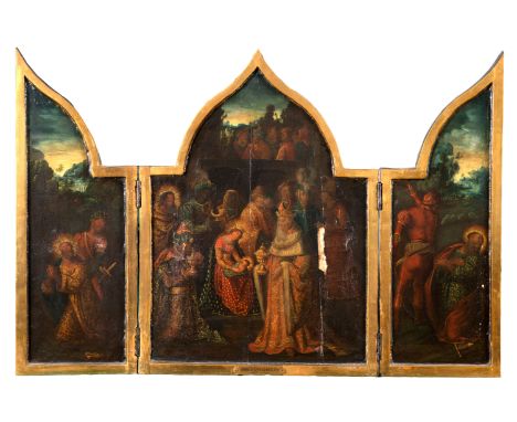 MANNER OF CORNELIS ENGEBRECHTSZ (c.1460/68-1527) TRIPTYCH: ADORATION OF THE MAGI (centre); THE TAKING OF ST. PETER (left); TH