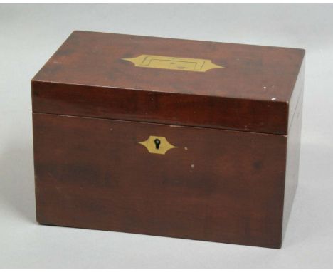 CAMPAIGN STYLE MAHOGANY TEA CADDY, early 19th century, with brass handle and escutcheon and twin canisters, width 23cm