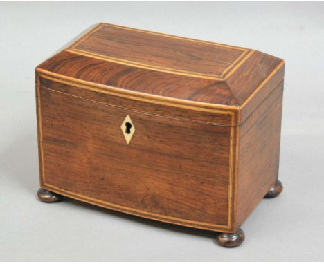 GEORGE III ROSEWOOD BOW FRONTED TEA CADDY, sarcophagus type cover, boxwood line inlay, ivory escutcheon, twin canister interi