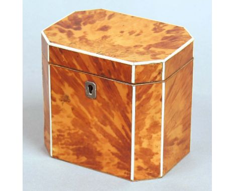 GEORGE III BLOND TORTOISESHELL TEA CADDY, of canted rectangular form with ivory edging, width 11.5cm