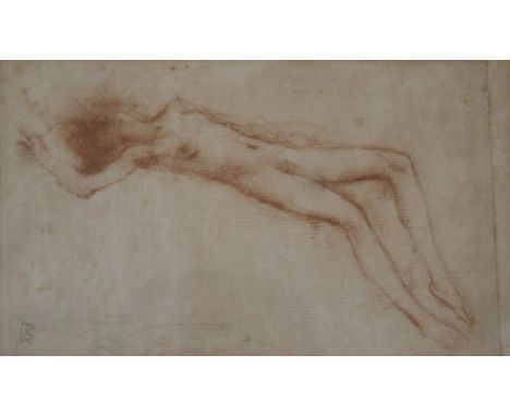 JOSEPH EDWARD SOUTHALL, RWS (1861-1944) RECLINING NUDE GIRL Signed with monogram, brown crayon 12 x 21cm.; with a small sketc