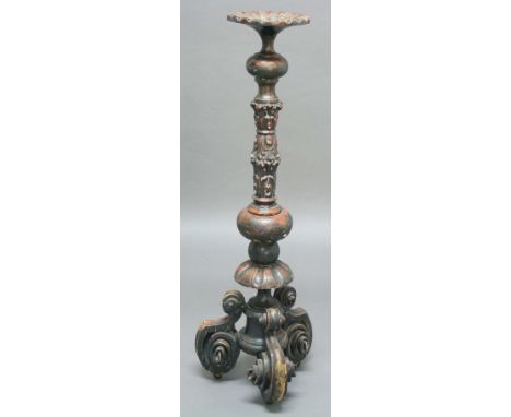 ITALIAN PAINTED TORCHERE, 19th century, sunburst carved dish on a knopped and carved column and scrolling tripod base, height