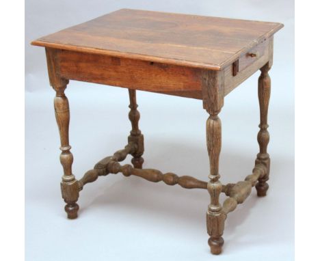 OAK SIDE TABLE, with planked rectangular top, single drawer, block and baluster turned legs and stretchers, height 72cm, widt