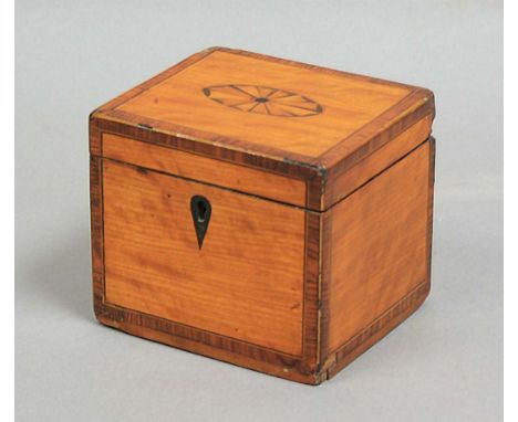 REGENCY SATINWOOD AND INLAID TEA CADDY, of near cube form, the cover with inlaid patera, rosewood crossbanding and ebonised e