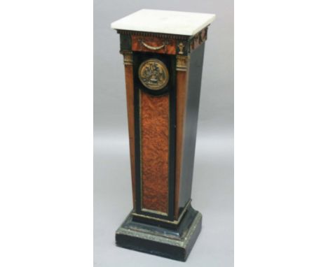 EMPIRE MAHOGANY AND BIRD'S EYE MAPLE PEDESTAL, mid 19th century, of tapering square section with carrara marble top above a f