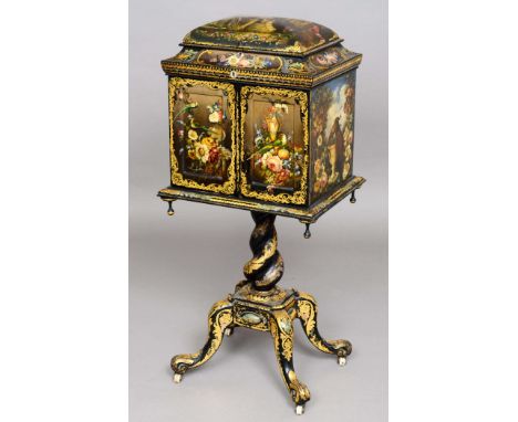 VICTORIAN PAPIER MACHE WORK CABINET ON STAND, probably by John Joseph Mechi, the hinged cover with silk lined interior above 