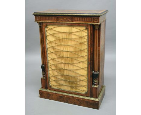 VICTORIAN BURR WALNUT AND INLAID PIER CABINET, mid 19th century, arch inlaid frieze with scrolling central panel above a gilt