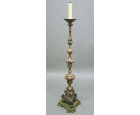 CONTINENTAL COPPER AND BRASS FLOORSTANDING CANDLESTICK, 19th century, scrolling foliate decoration, height to drip tray 124cm