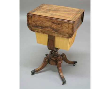 REGENCY ROSEWOOD AND BRASS INLAID WORK TABLE, early 19th century, the rounded rectangular top with harebell inlay above a sin