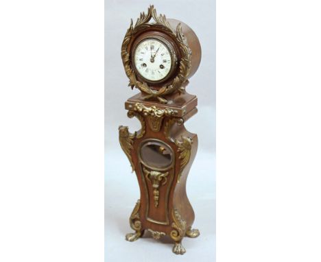 VICTORIAN WALNUT AND GILT METAL MOUNTED MANTEL CLOCK, modelled as a miniature continental longcase clock, height 49.5cm