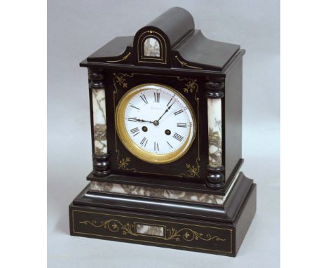 BLACK SLATE AND MARBLE MANTEL CLOCK, late 19th century, the 4" enamelled dial inscribed 'Myer & Son, Paris', on a brass eight