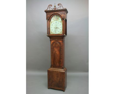 MAHOGANY LONGCASE CLOCK, the painted dial with 12 1/2" chapter ring, inscribed Richard Waycott, Glastonbury, with floral arch