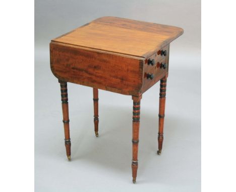 GEORGIAN MAHOGANY WORK TABLE, early 19th century, the rosewood crossbanded top above two drawers and basket slide (lacking ba