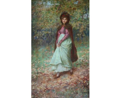WILLIAM A. BREAKSPEARE (1855-1914) AN AUTUMN STROLL Signed, oil on panel 32.5 x 19cm. ++ Good condition; period gilt frame