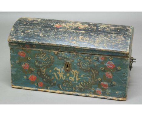 SCANDINAVIAN DOMED TRUNK, 19th century, painted with roses around the initials 'HN', with iron swing handles, height 42cm, wi