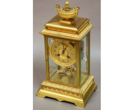 FRENCH ORMOLU FOUR PANE MANTLE CLOCK, later 19th century, 10cm gilt dial inscribed 'W Box & Co, Gloucester', the eight day mo